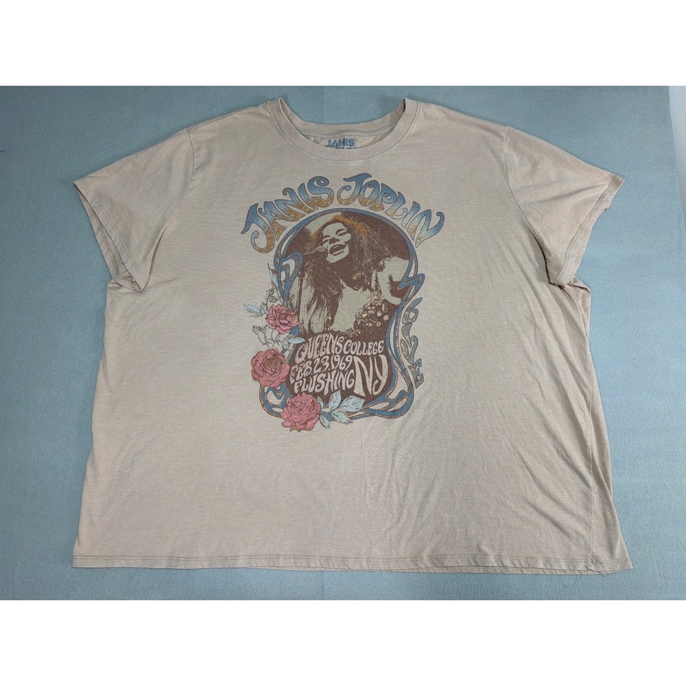 Janis Joplin Goodie Two Sleeves Graphic Tee Tan 4X Queens College 1969 Concert